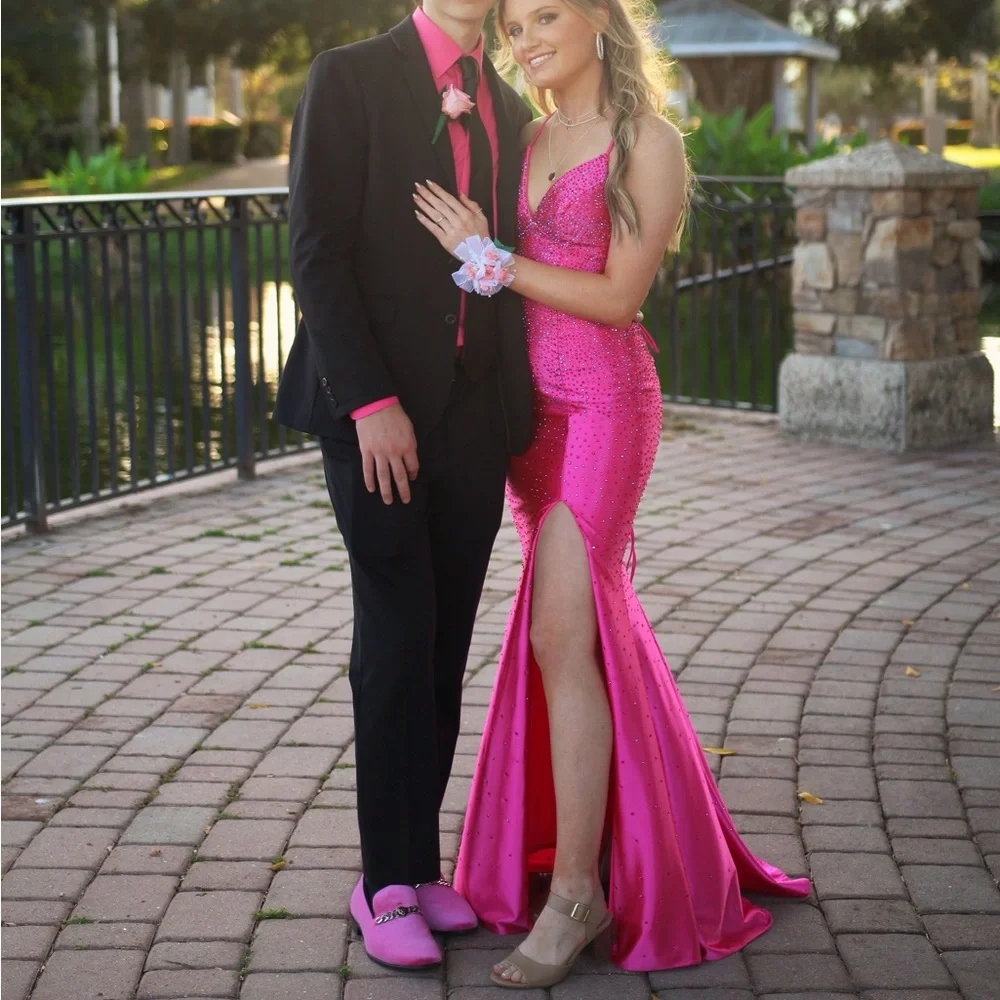 strapless open back dress Hot Pink Sequins Lace Prom Gown Single Shoulder Sparkly Prom Dresses with  Slit ARD3092 main image 0